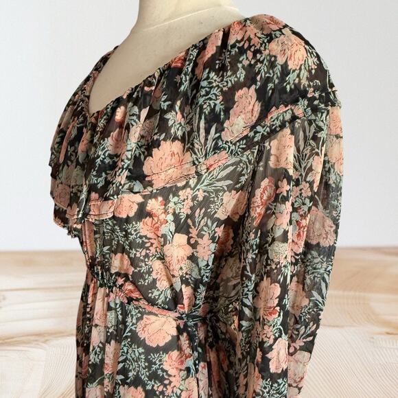 Mango MNG Maxi Dress Sz 8 Black Floral Print Ruffles Sheer Romantic Fairy Core - Picture 5 of 15